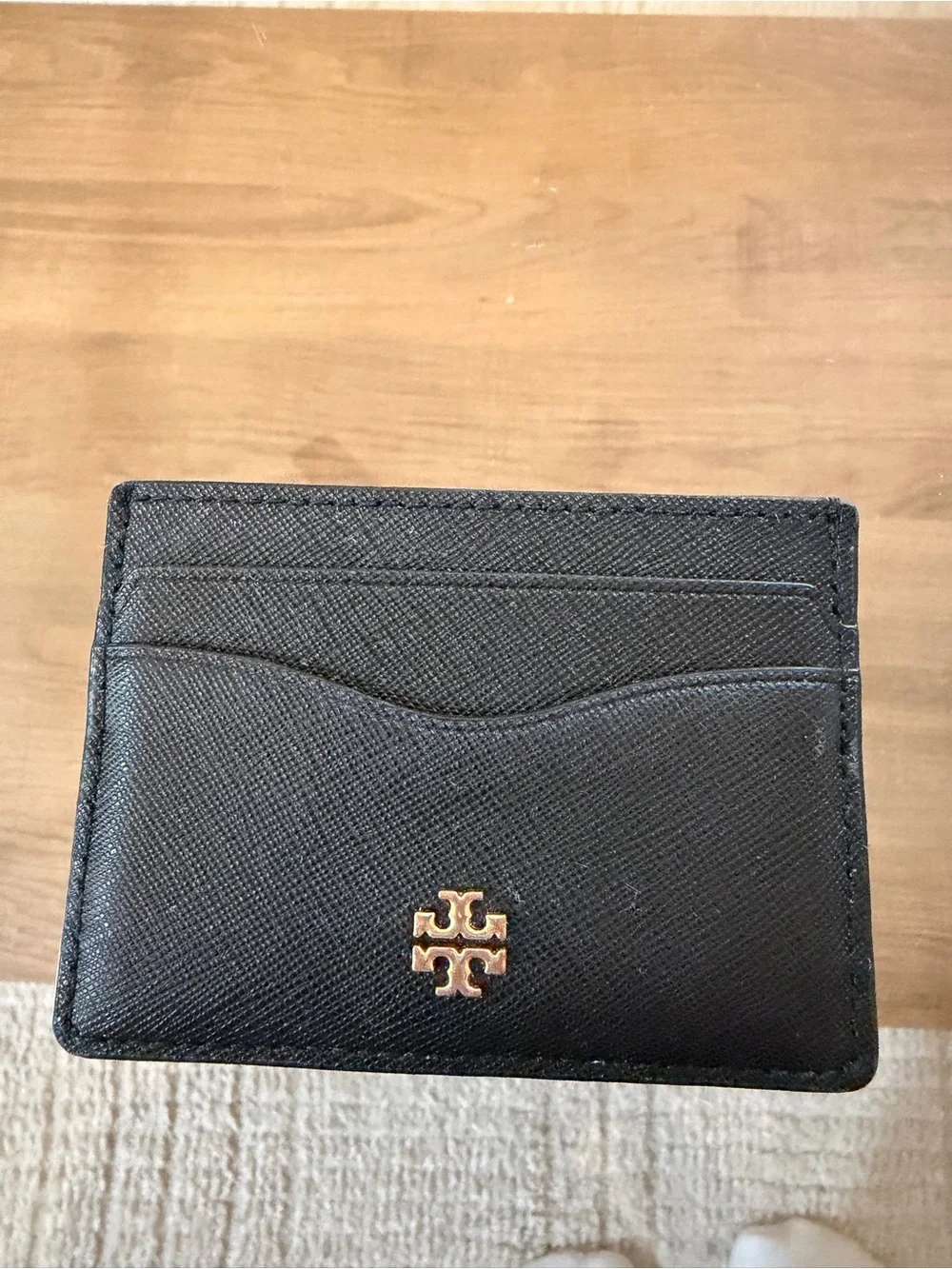 Tory Burch Black Leather Card Holder with Gold Logo Accent